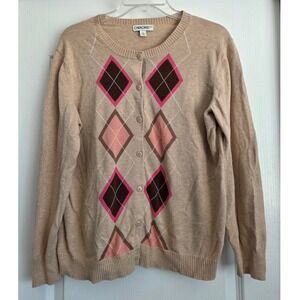 Cherokee Cotton Argyle Cardigan Sweater Tan Pink Brown‎ Sz XL Vintage Y2K Preppy